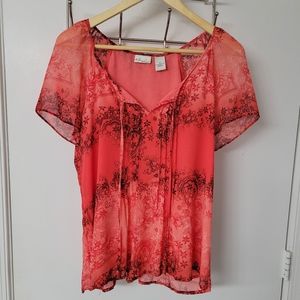 Kim Rogers Sheer Lined Blouse Size Medium Red Paisley Floral Print